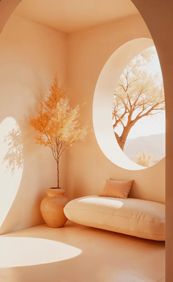 Sunlit room with a sofa, potted tree, and large circular window