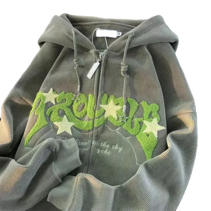 Corduroy Hooded Jacket with Colorful Embroidery Zipper Closure
