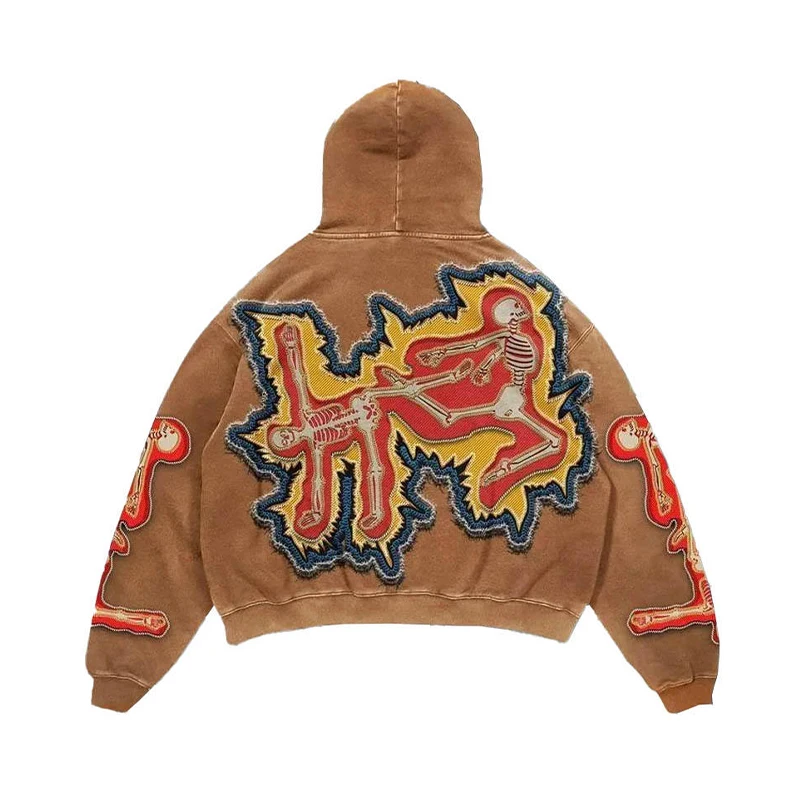H10352a072f8447cba0ef1f00249cfc72E.webp Acid Wash Hoodie with Distressed Embroidery Patch French Terry