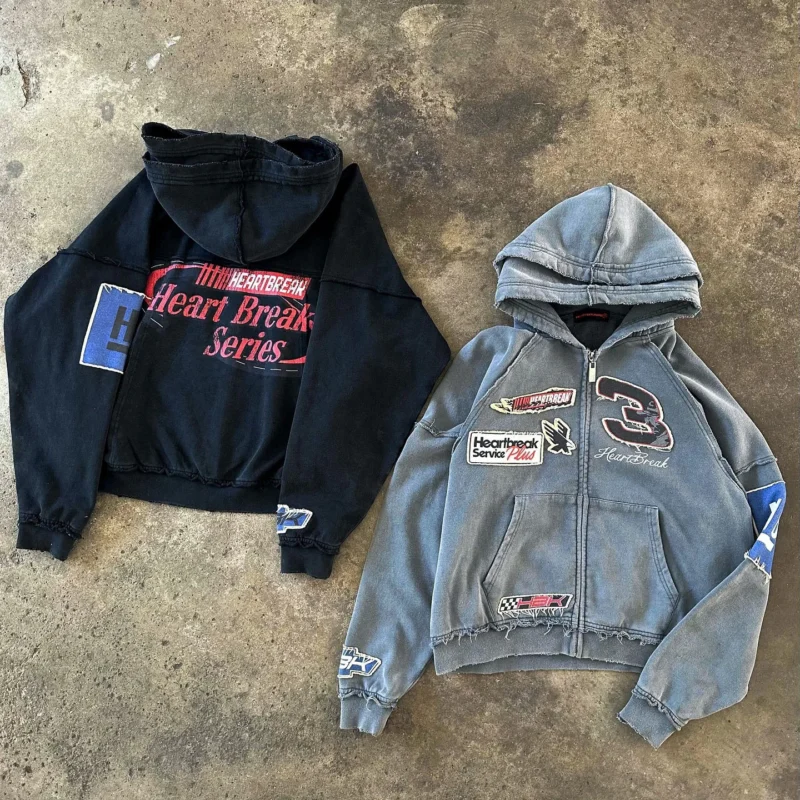 Cropped Zip Up Hoodie Acid Wash French Terry Oversized