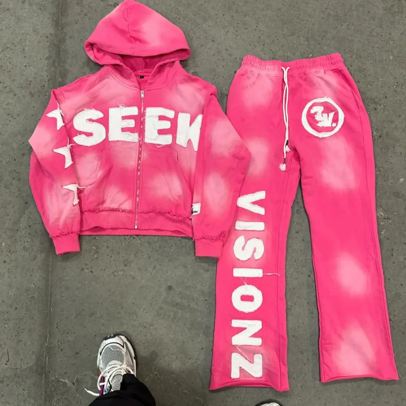 Distressed Embroidered Patch Tracksuit Hoodie and Sweatpants