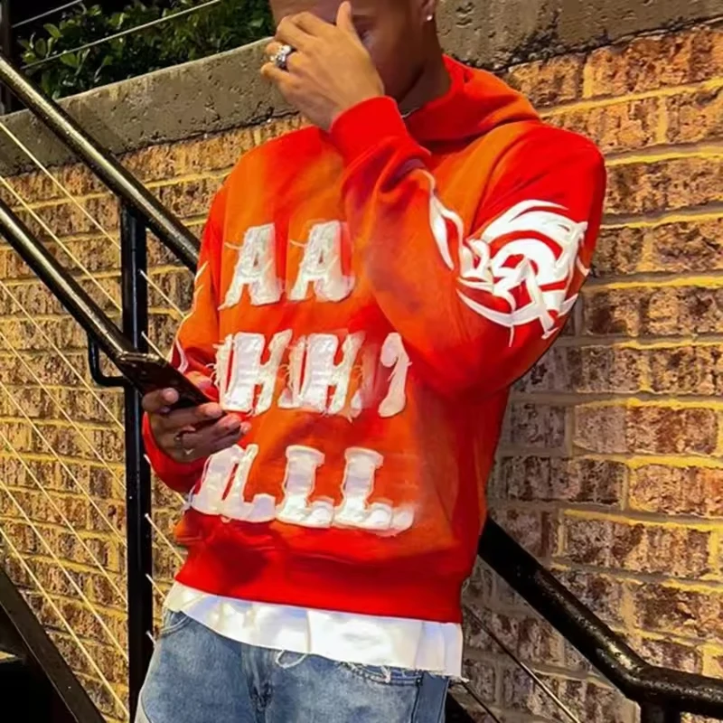 Sun Faded Acid Wash Hoodie Distressed Patch Embroidery Cotton