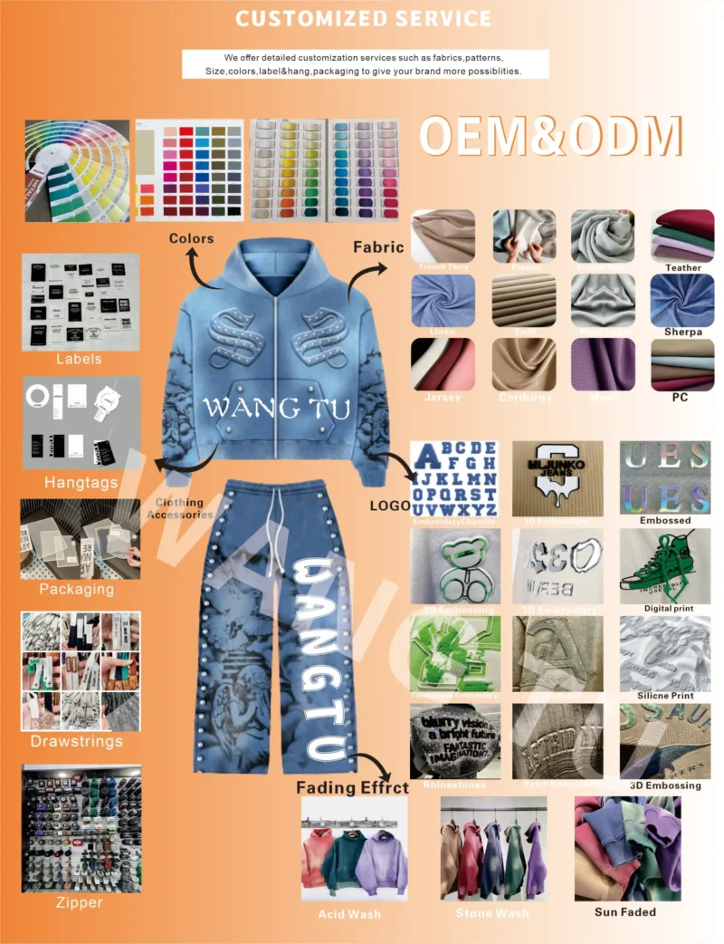 Acid Wash Tracksuit Set Distressed Embroidery Zip Up Hoodie