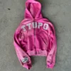 Y2K Pink Acid Wash Zip Up Hoodie with Embroidery Patch