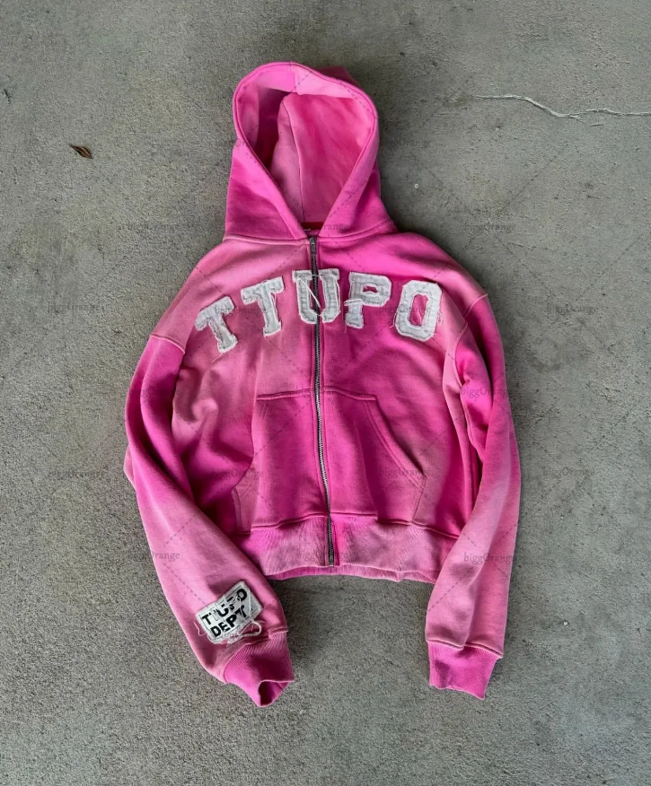 Y2K Pink Acid Wash Zip Up Hoodie with Embroidery Patch