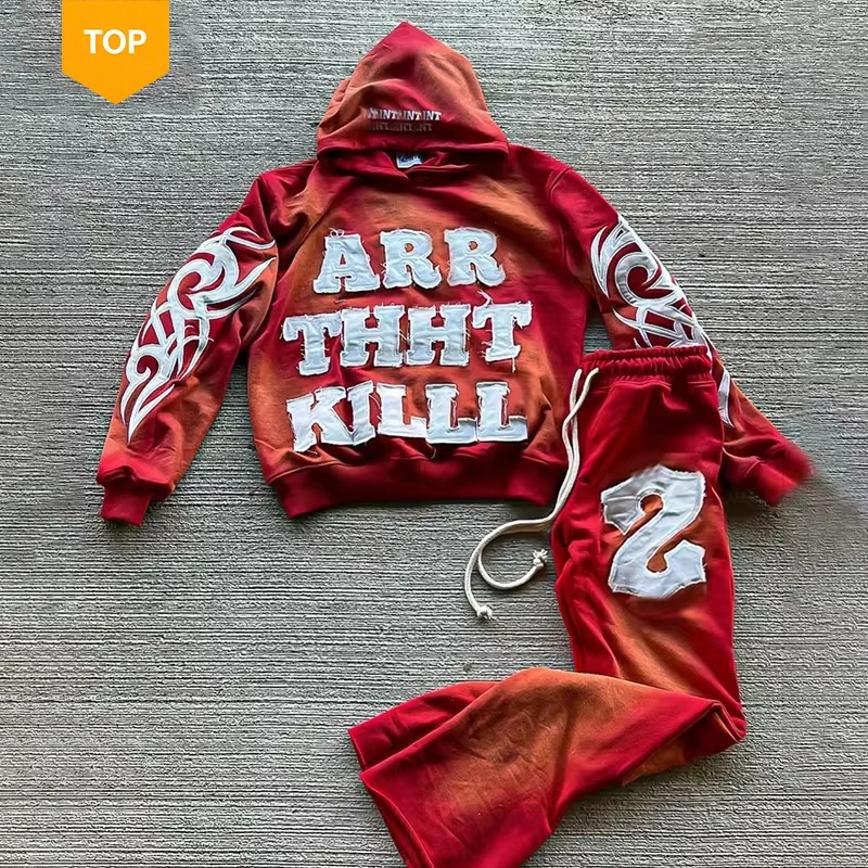 Sun Faded Acid Wash Hoodie Distressed Patch Embroidery Cotton