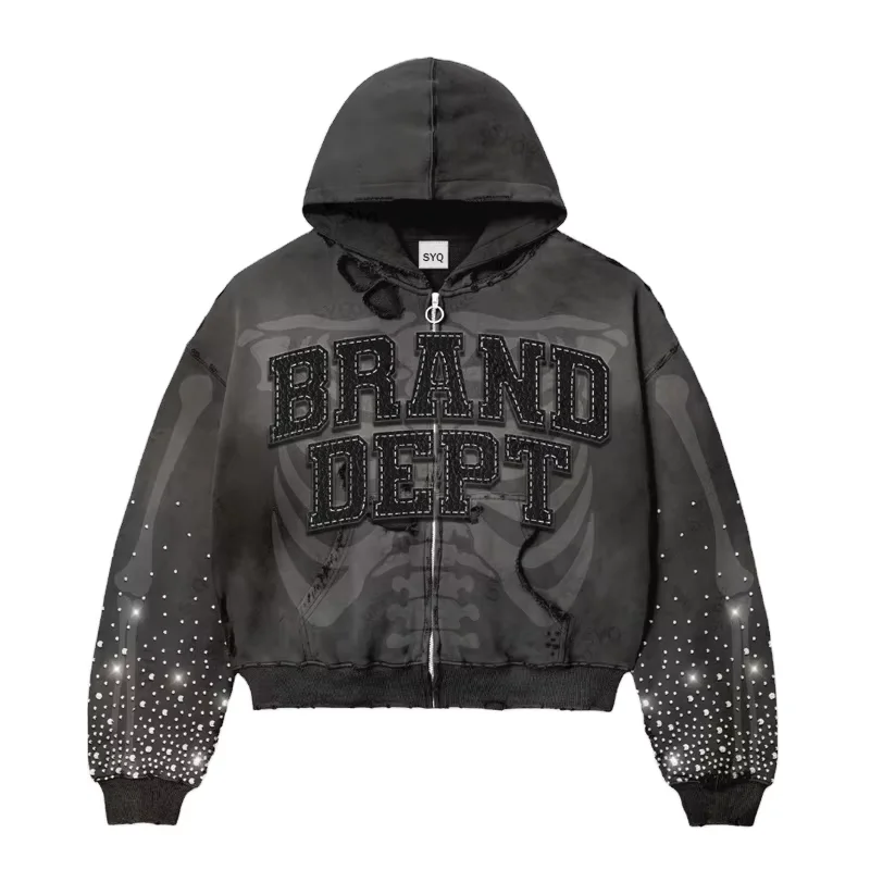 H3fb19a203ee743bc83d1bb2e78da6909O.webp Leather Patch Distressed Hoodie with Rhinestones Sun Faded