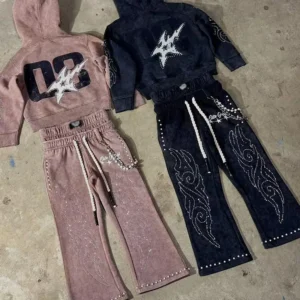 Double Waist Embroidered Sweatpants and Hoodie Set Acid Wash