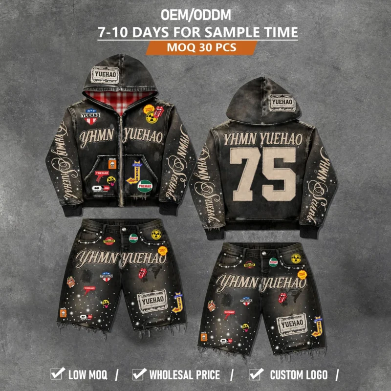H474f6a54f3db4b66a5a73bd4ff41b1171.webp Rhinestone Jeans Shorts and Embroidered Jacket Hoodie Set