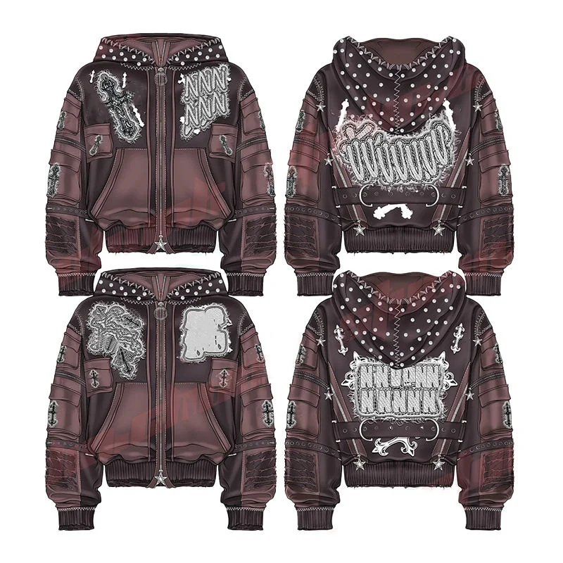 Acid Wash Tracksuit Set Distressed Embroidery Zip Up Hoodie