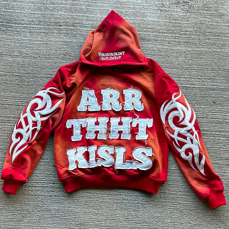 Sun Faded Acid Wash Hoodie Distressed Patch Embroidery Cotton