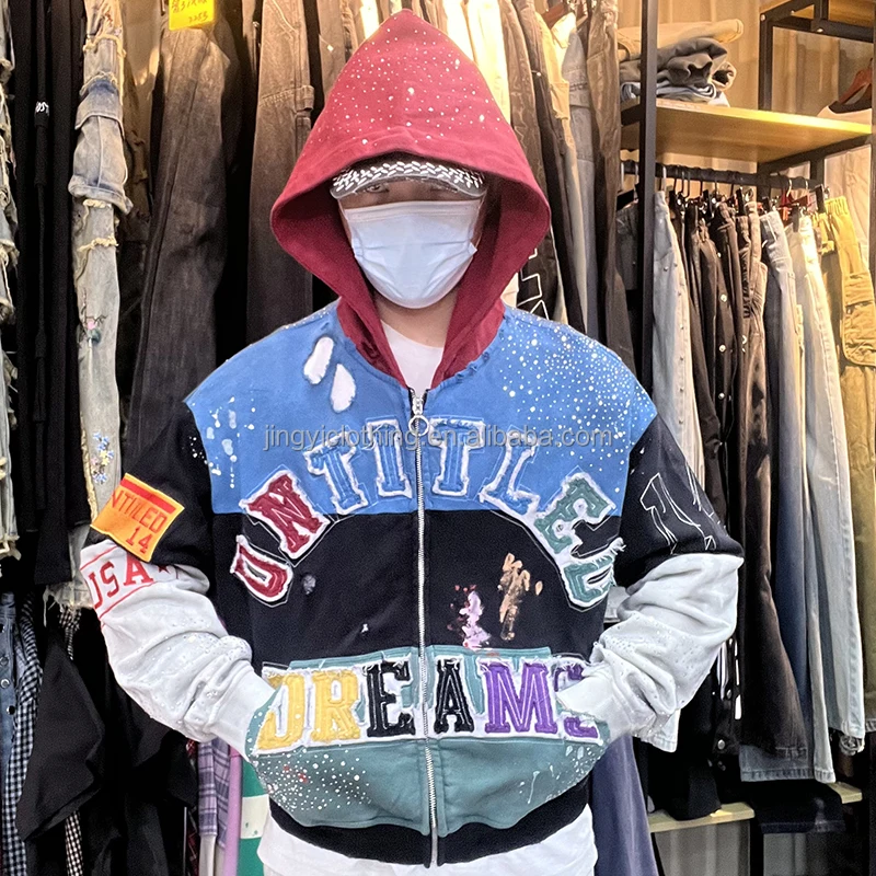H5963830d96a44cb28fe0df8c006c7990Z.webp Patchwork Color Block Distressed Zipper Hoodie Rhinestone