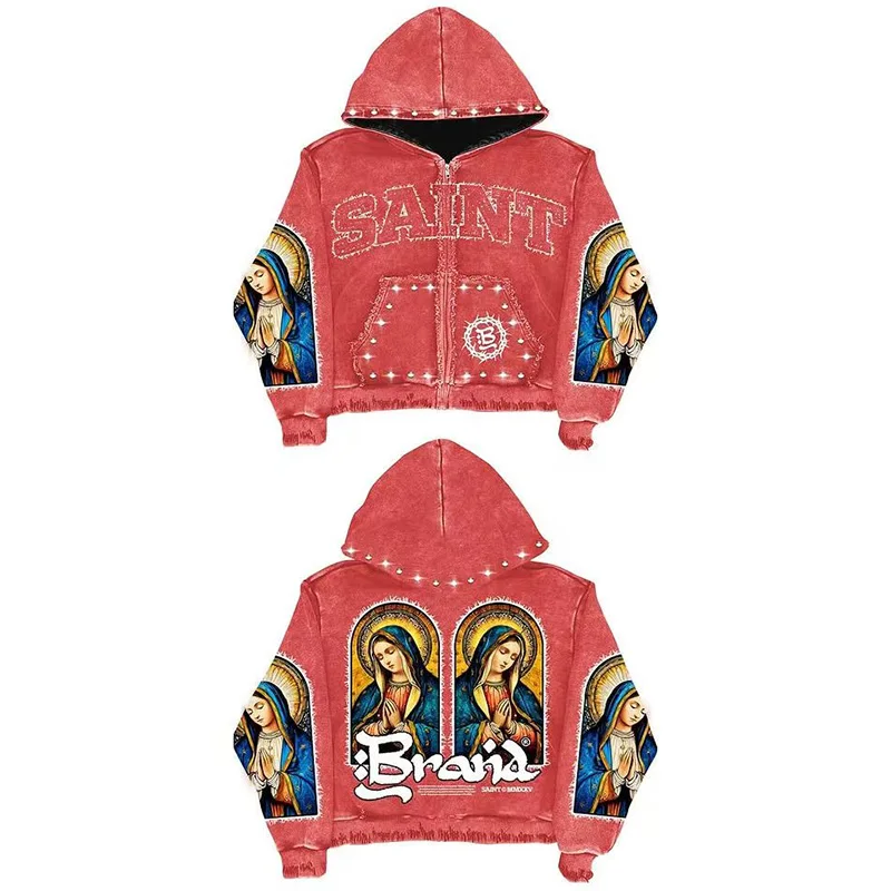 Rhinestone Zipper Hoodie with Color Block Cut and Embroidery