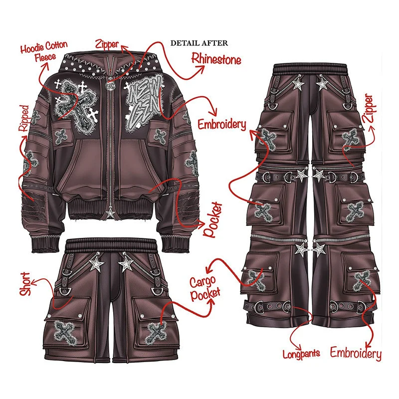 Acid Wash Tracksuit Set Distressed Embroidery Zip Up Hoodie