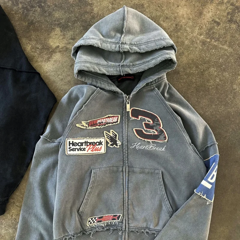 Cropped Zip Up Hoodie Acid Wash French Terry Oversized