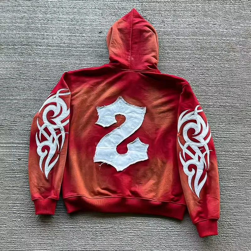 Sun Faded Acid Wash Hoodie Distressed Patch Embroidery Cotton