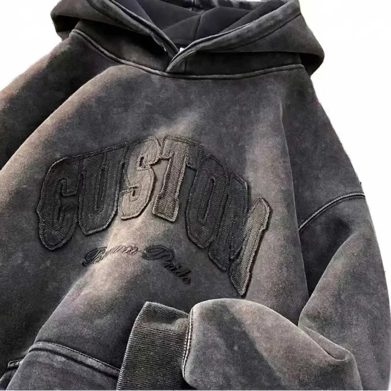 H82aecaf6265342349f40c8622c60bfcbD.webp Acid Wash Vintage Applique Hoodie Heavyweight Bleached Moss