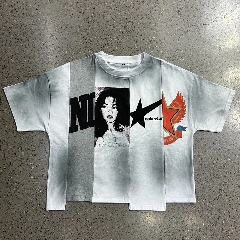 Splicing Dirty Cropped T-Shirt | Patchwork Vintage Boxy Tee for Men