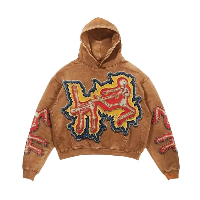 H9f50b5691de443a5af837f0c6e340fa7I.webp Acid Wash Hoodie with Distressed Embroidery Patch French Terry