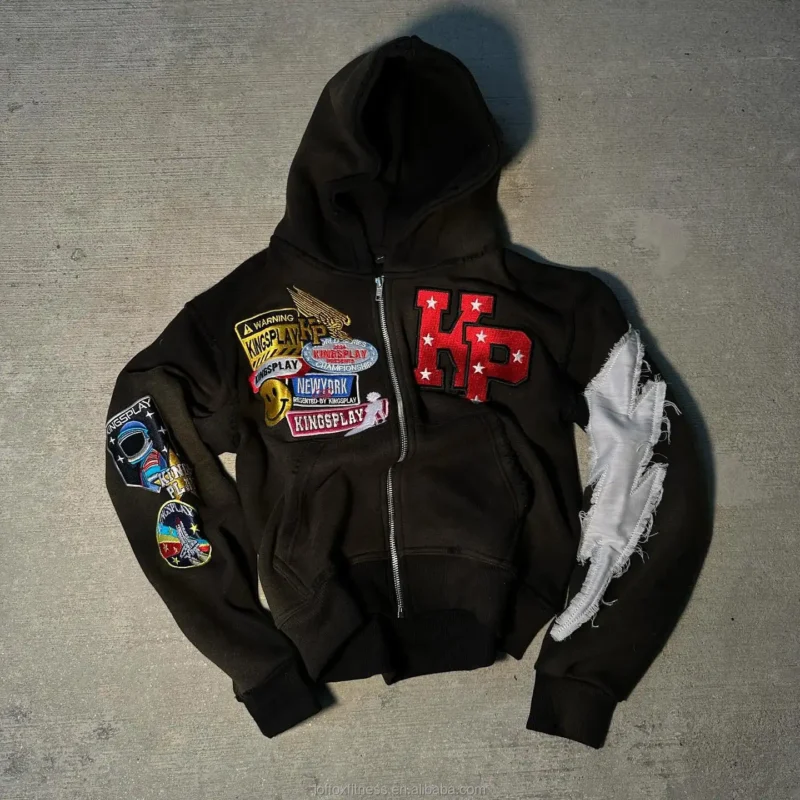 Ha5b2b8d10ad6479cbd79d98d57cf7104F.webp Cropped Zip Up Hoodie Acid Wash Distressed Patch Embroidery