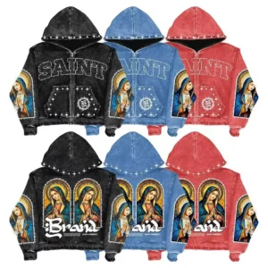 Rhinestone Zipper Hoodie with Color Block Cut and Embroidery