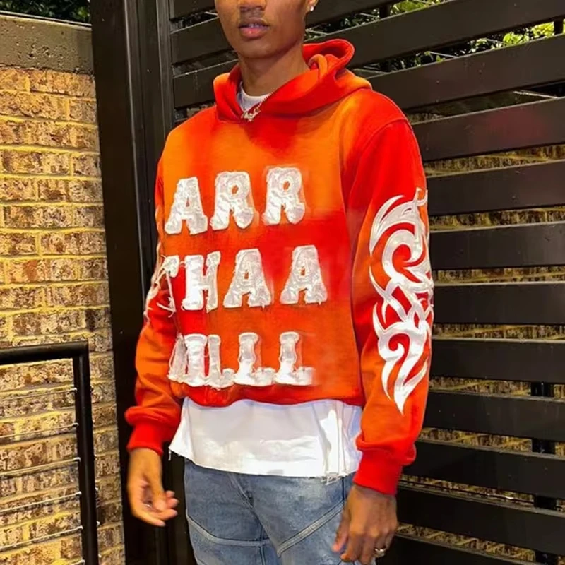 Sun Faded Acid Wash Hoodie Distressed Patch Embroidery Cotton