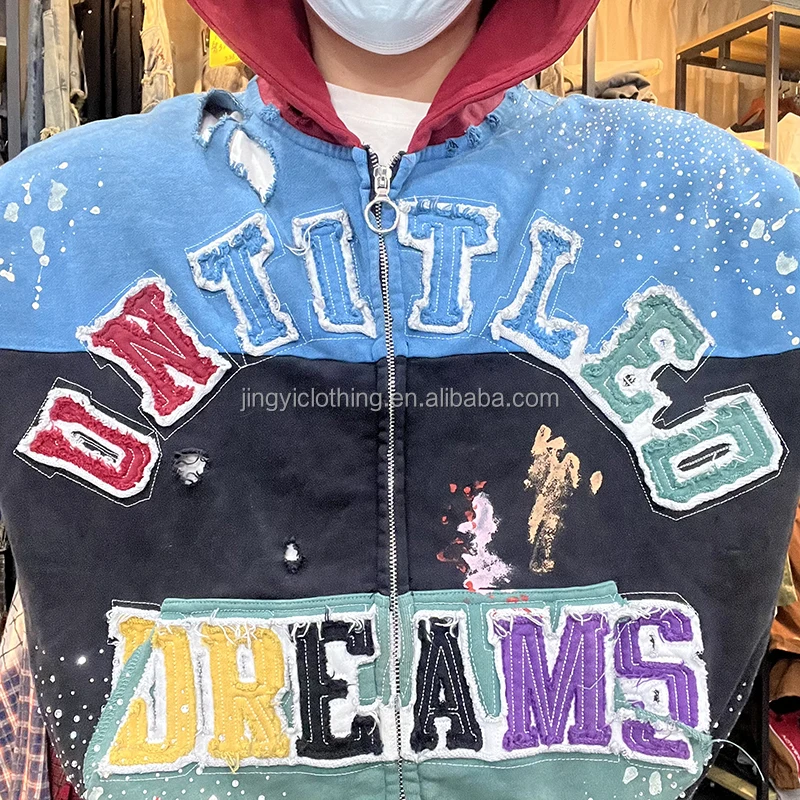Ha956cf79b81941ad8c12175b2b23ae2cF.webp Patchwork Color Block Distressed Zipper Hoodie Rhinestone