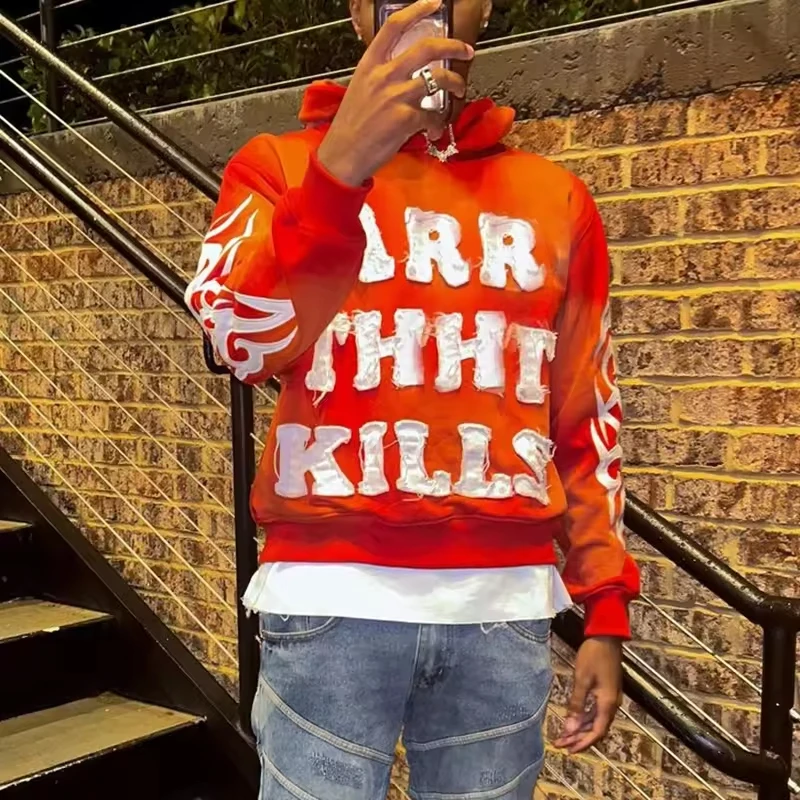 Sun Faded Acid Wash Hoodie Distressed Patch Embroidery Cotton