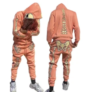 Skull Pattern Embroidered Hoodie and Sweatpants Full Zip Set