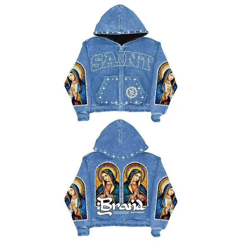 Rhinestone Zipper Hoodie with Color Block Cut and Embroidery