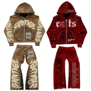 Hde84d829a4324812aae254f927bfaa77I.webp Acid Wash Embroidered Flared Sweatpants and Zipper Hoodie Set