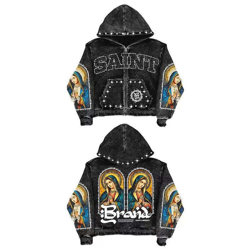 Rhinestone Zipper Hoodie with Color Block Cut and Embroidery