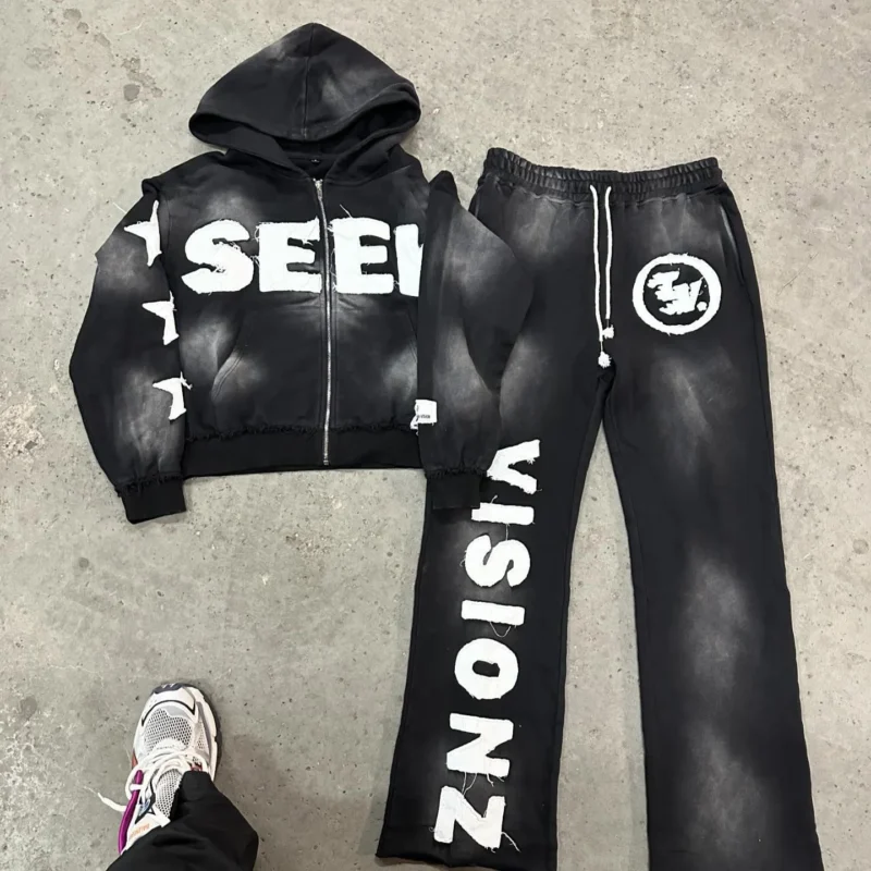 Distressed Embroidered Patch Tracksuit Hoodie and Sweatpants