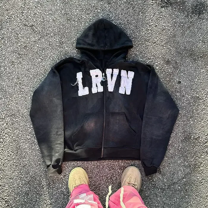 Hf0c381cda2ca416c86d38c50bc09196fY.webp Oversized Acid Washed Zip Up Hoodie Distressed Letter Embroidery