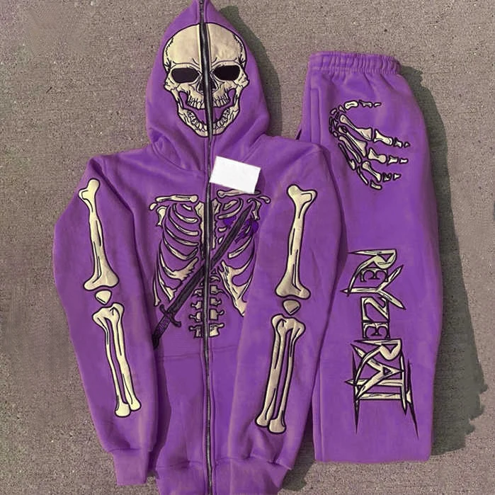 Hf3262521623e4d0ca72ee795d0116813O.webp Skull Pattern Embroidered Hoodie and Sweatpants Full Zip Set