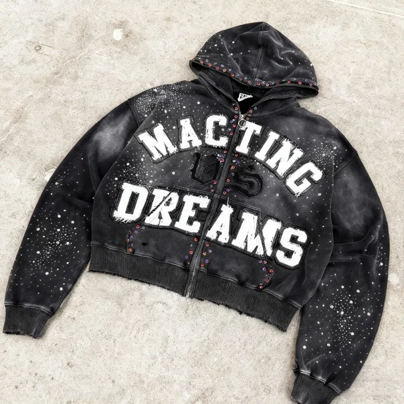 Gemstone Glitter Hoodie Distressed Embroidery Rhinestone Zip