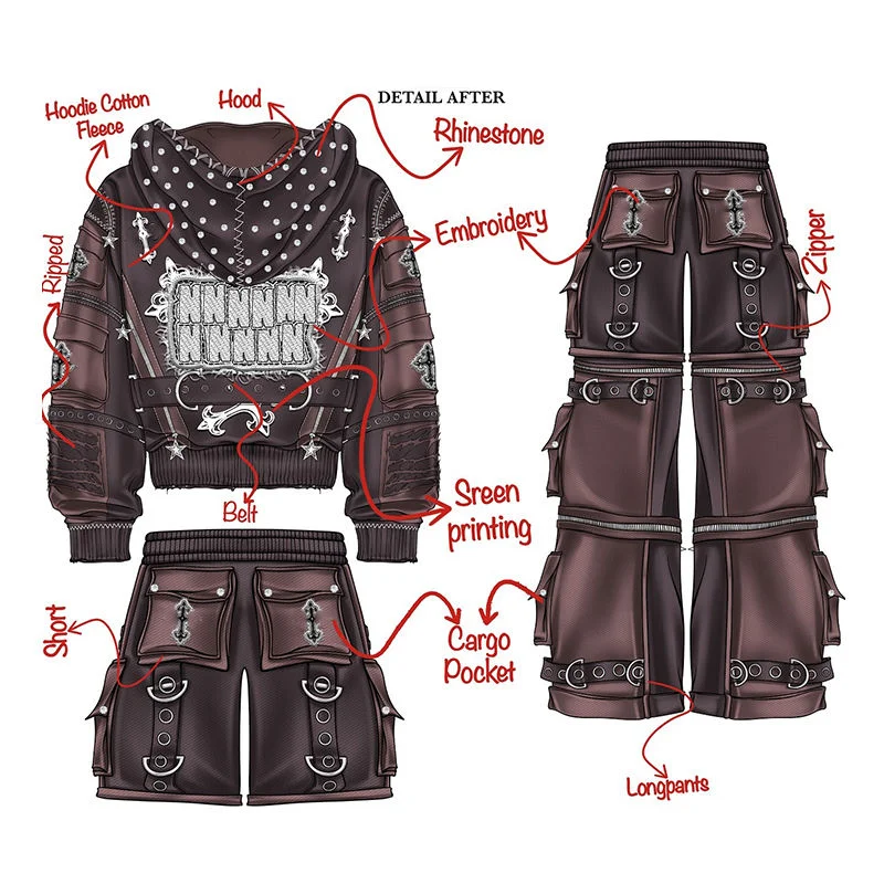 Acid Wash Tracksuit Set Distressed Embroidery Zip Up Hoodie